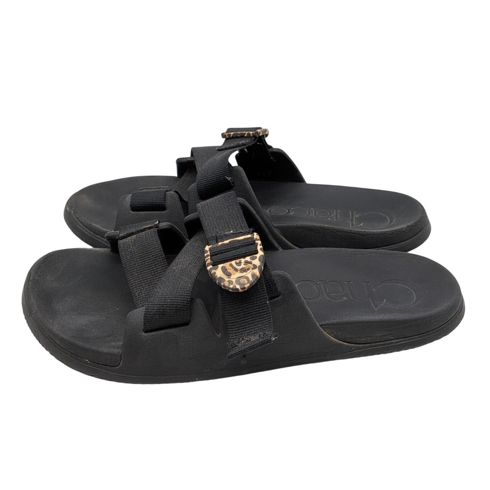 Chaco Chillos Slide Sandals Women Size 9 Black Leopard Buckle Adjustable
